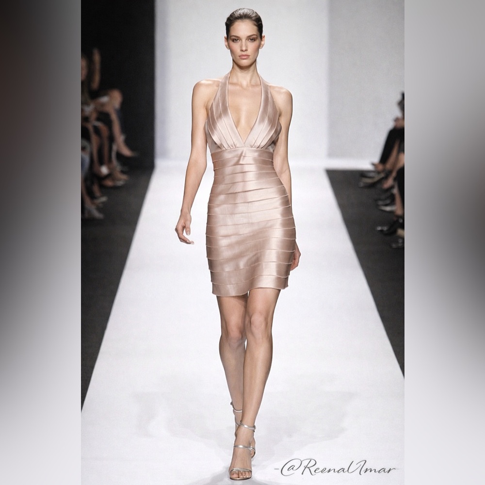 BCBGMaxAzria Champagne Halter Mini Dress – Satin Finish